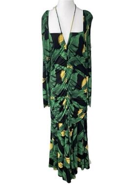 GANNI Printed Drapey Jersey Gathered Dress Ruched Banana Print